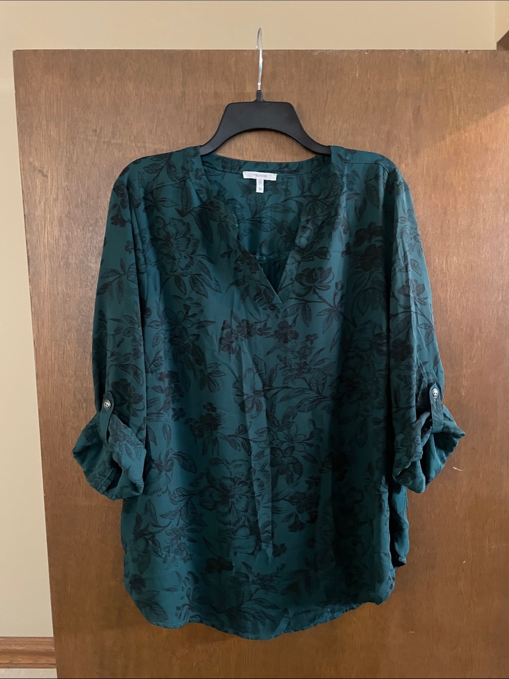 Maurices Teal Floral Button-Front Roll-Tab Blouse